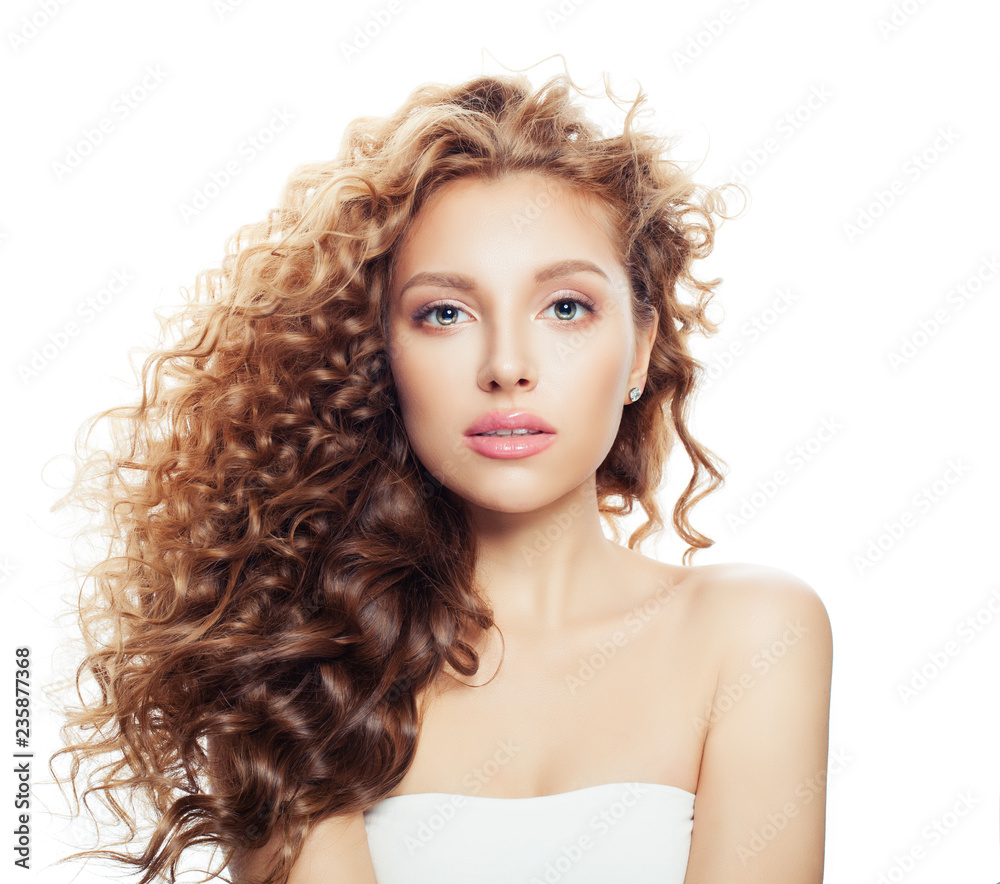 Perfect young woman with healthy skin and wavy haircut isolated on white background. Spa beauty, facial treatment and haircare concept Perfect young woman with healthy skin and wavy haircut isolated on white background. Spa beauty, facial treatment and haircare concept