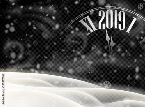 Happy New Year 2019 card with clock, snow and blizzard.