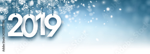 Blue abstract 2019 New Year banner with snow.