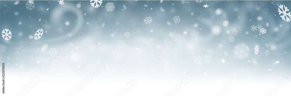 Fototapeta premium Grey shiny winter banner with snowflakes, wind and blizzard.