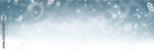 Grey shiny winter banner with snowflakes, wind and blizzard.