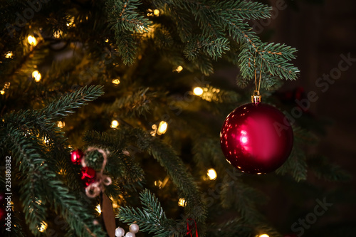 Beautiful fir tree decorated for Christmas  closeup