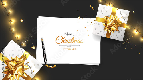 Vector photorealistic top view christmas still life. Vector design xmas banner, brochure cover. Merry christmas callygraphy.