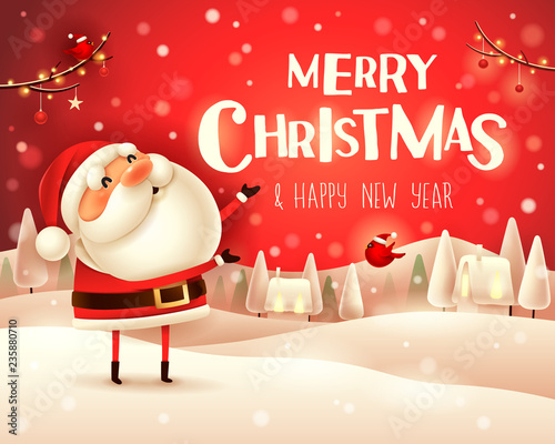 Merry Christmas! The red-nosed reindeer with gift present in Christmas snow scene winter landscape.