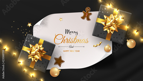 Vector photorealistic top view christmas still life. Vector design xmas banner, brochure cover. Merry christmas callygraphy.