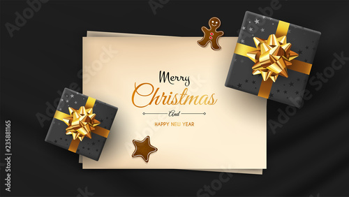 Vector photorealistic top view christmas still life. Vector design xmas banner, brochure cover. Merry christmas callygraphy.