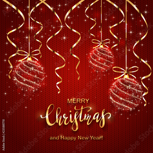 Christmas Lettering on Red Knitted Background with Shining Balls