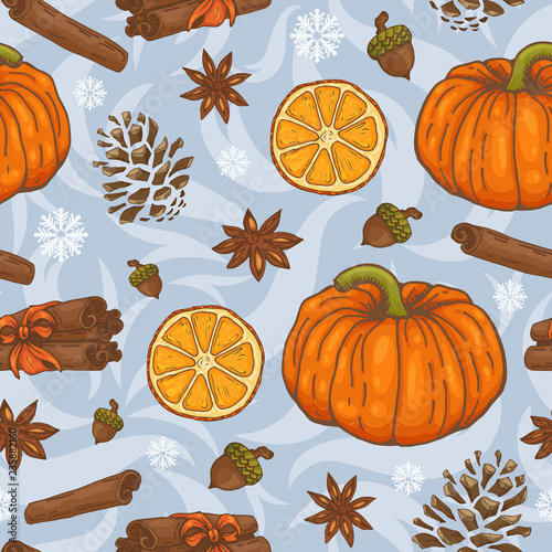Seamless Christmas pattern with pumpkins, oranges, cinnamon and anise