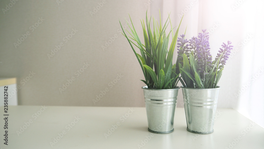 Obraz premium Artificial plants or fake tree on white tablefor decoration.