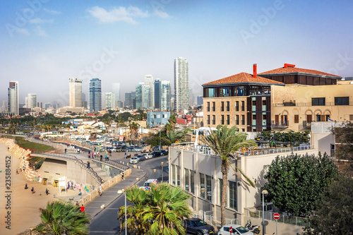 Tel Aviv, Israel - Oct 26th 2018 - The city of Tel Aviv seen from a high hill in an afternoon with modern buildings in the background in Israel