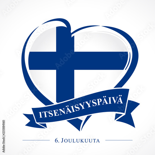 Love Finland emblem with heart in national flag and finnish text: Independence day 6 December. National holiday in Finland 6 December 1917, independence from Russian Empire. Vector greetings card