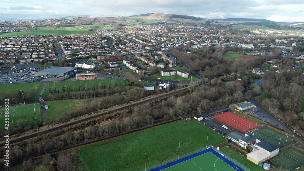 Aerial image over the town of Milngavie, Glasgow, Scotland.