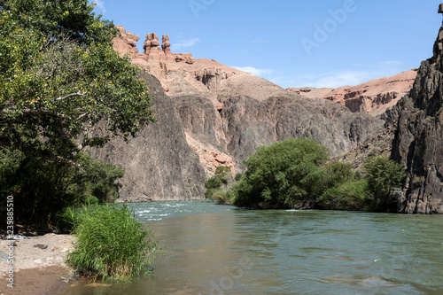 Charyn River flows within the Charyn Canyon and provides a fertile shore with its water. The canyon is also called valley of castles and is located east of Almaty in Kazakhstan. photo