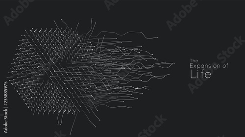 Expansion of life. Vector cube explosion background. Small particles strive out of center. Blurred debrises into rays or lines under high speed of motion. Burst, explosion backdrop.