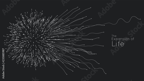 Expansion of life. Vector sphere explosion background. Small particles strive out of center. Blurred debrises into rays or lines under high speed of motion. Burst, explosion backdrop.