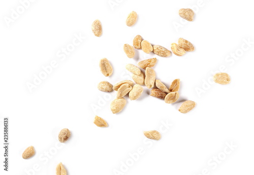 Salted and marinated peanuts, pile isolated on white background, top view