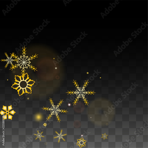 Christmas  Vector Background with Gold Falling Snowflakes Isolated on Transparent Background. Realistic Snow Sparkle Pattern. Snowfall Overlay Print. Winter Sky. Design for Party Invitation.