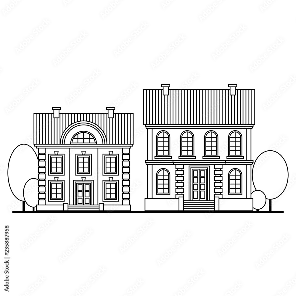 Beautiful Monochrome houses set. Flat style Vector illustration.