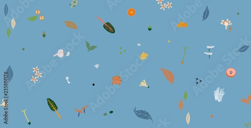 Natural Foods and Plants Illustration on Blue Background Pattern 