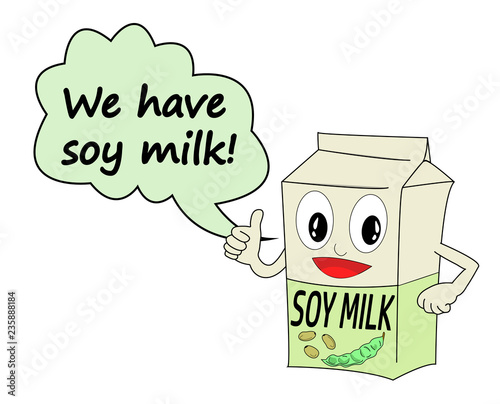 Vector of a soy milk box. Animated cartoon with face, thumb up and speech balloon with the phrase "We have soy milk!". Suitable to add dialogue.