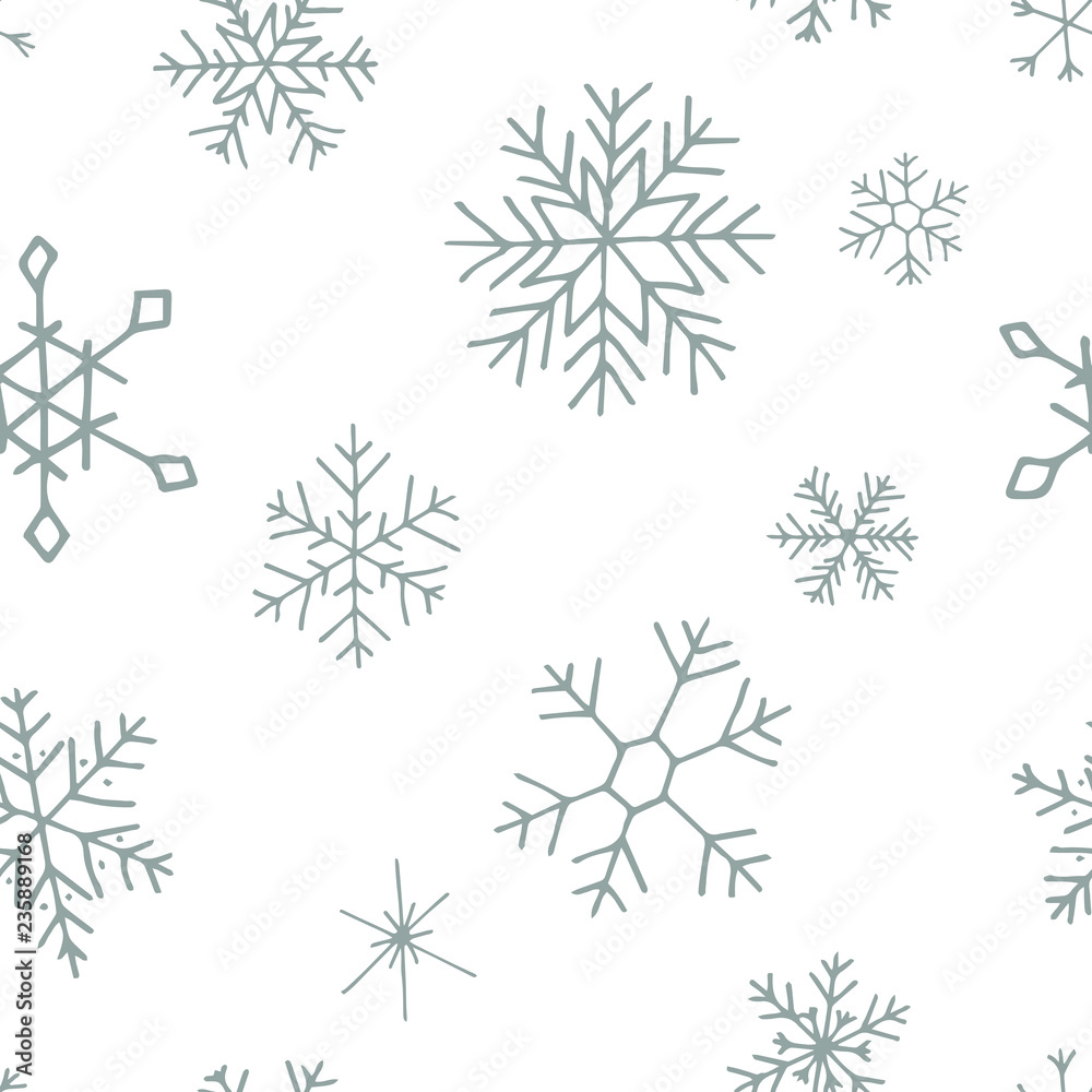 Collection of Christmas snowflakes, modern flat design. Seamless pattern. Endless texture. Can be used for printed materials.  Winter holiday background. Hand drawn design elements. Festive card.