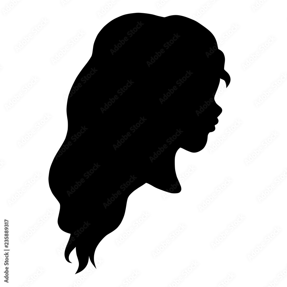 head of a young girl with beautiful long wavy hair, profile, silhouette