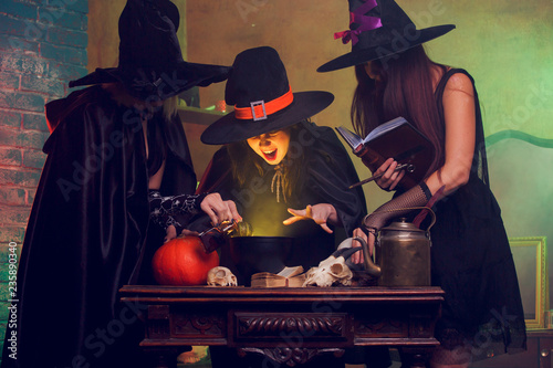 Billede på lærred Portrait of three witches with book of boiling potions at cauldron