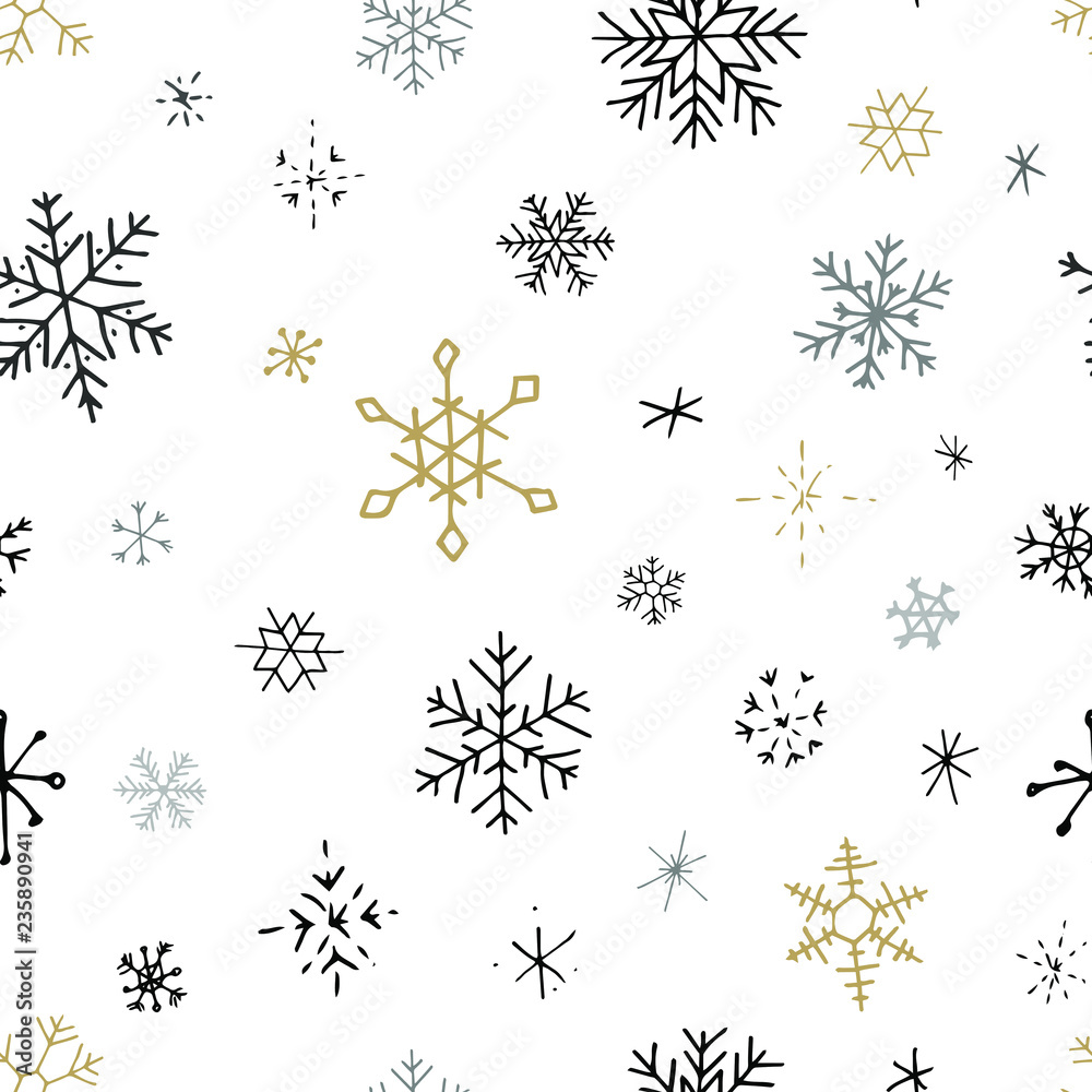 Collection of Christmas snowflakes, modern flat design. Seamless pattern. Endless texture. Can be used for printed materials.  Winter holiday background. Hand drawn design elements. Festive card.