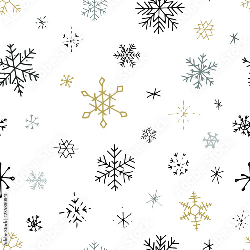 Collection of Christmas snowflakes  modern flat design. Seamless pattern. Endless texture. Can be used for printed materials.  Winter holiday background. Hand drawn design elements. Festive card.