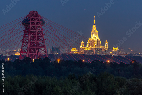 Bridge and  Moscow University at  night, Russia