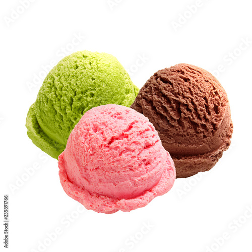 Strawberry, chocolate, pistachio, green tea or mint ice cream scoops isolated on white background.