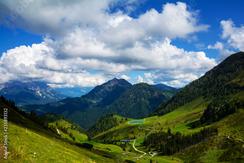 Beautiful panorama on the two hours trail to Wildseeloder house and Wildsee lake, historical and nature reserve place in Alps, Fieberbrunn, Austria © elephotos