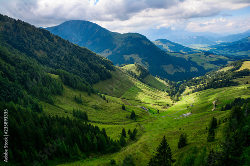 Beautiful panorama of alps mountains from gondola lift near Fieberbrunn, Austria. 