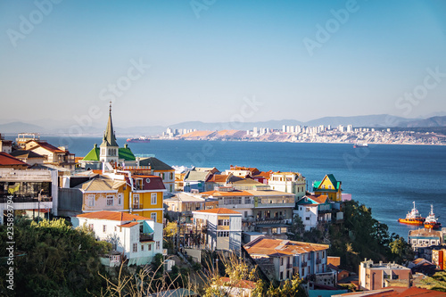 Aerial view of Valparaiso with Lutheran Church from Cerro Carcel Hill - Valparaiso, Chile