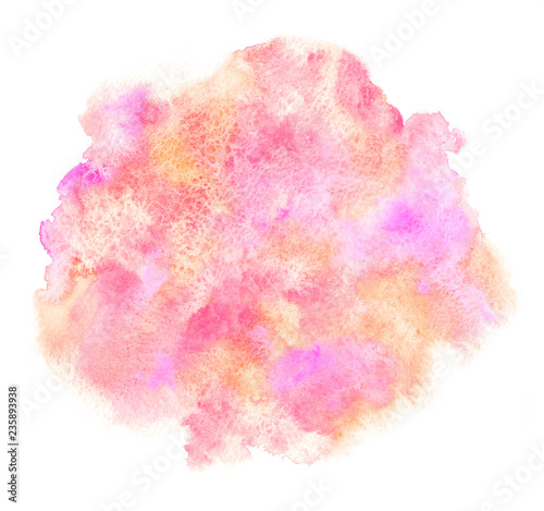 Watercolor stains background. Pink, rose and orange watercolour texture with uneven artistic edge. Round, oval shape. Hand drawn abstract aquarelle fill. Template for cards, posters, banners.