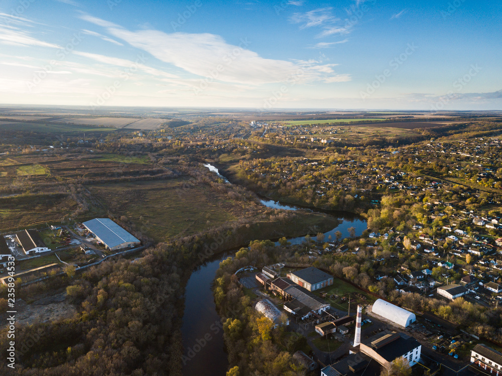 Aerial: The engineering plant in Kamianka town, Ukraine, autumn time
