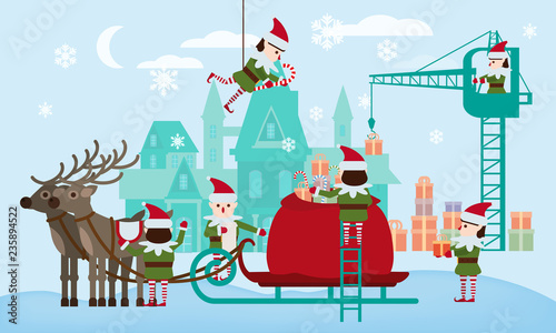 Merry Christmas and Happy New Year. Elves helpers collect gifts in the bag of Santa Claus, sleigh with fabulous deer, the palace of Santa in the background. Landing template for the landing page