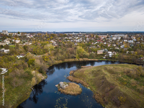 Aerial: Tiasmyn canyon near Kamianka town, Ukraine, autumn time