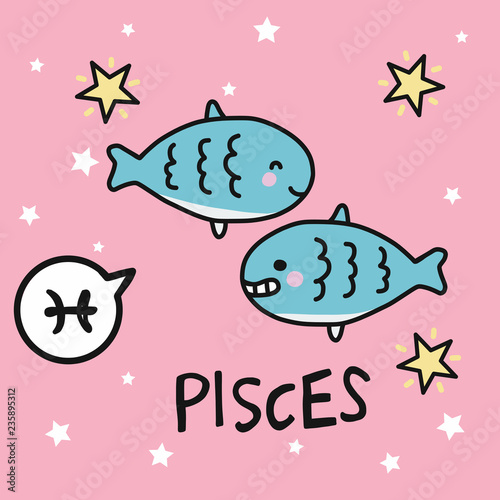 Pisces horoscope cartoon vector illustration doodle style 