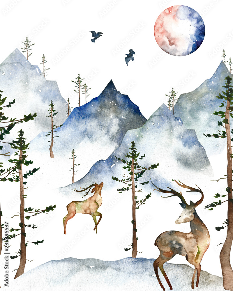Naklejka premium Watercolor winter card. Handpainted watercolor card with deers, mountains, moon, silhouette birds, trees. Perfect for you postcard design, wallpaper, print, invitations, packaging etc.