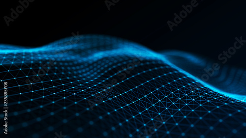 Abstract futuristic wave background. Wave of particles. Wave with connecting dots and lines. 3d rendering. © Tetiana