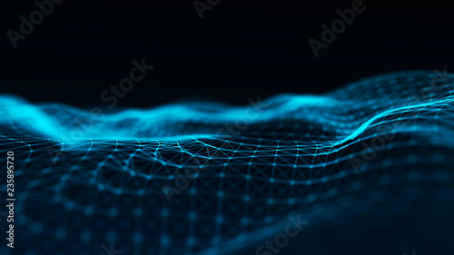 Abstract futuristic wave background. Wave of particles. Wave with connecting dots and lines. 3d rendering.