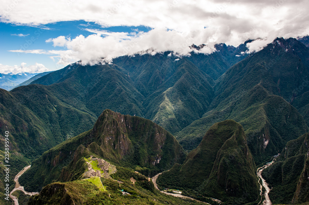 Naklejka premium Putucusi and Urubamba River as seen from Machu Picchu Mountain