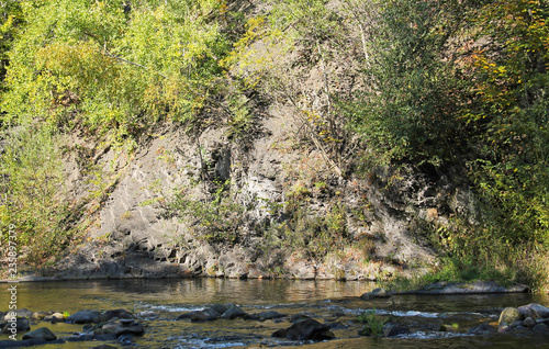 rock at Ostravice river with some trees in autumn  Czech Republic