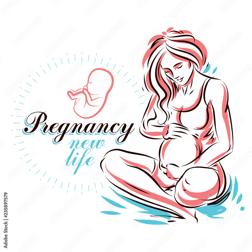 Fototapeta Pregnant female beautiful body outline, mother-to-be drawn vector illustration. Gynecology and pregnancy medical care clinic promotion leaflet