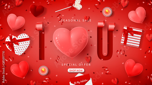 Happy Valentine's Day sale background. Vector illustration with 3d sliced and spiraled paper in the shape of letters. Top view on red serpentine and confetti, air balloons, gift boxes.