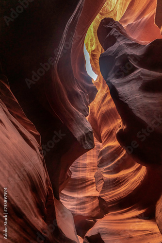 Beautiful yellow orange sandstone slot with spiral rock skyward in Uppper antelope, Arizona,