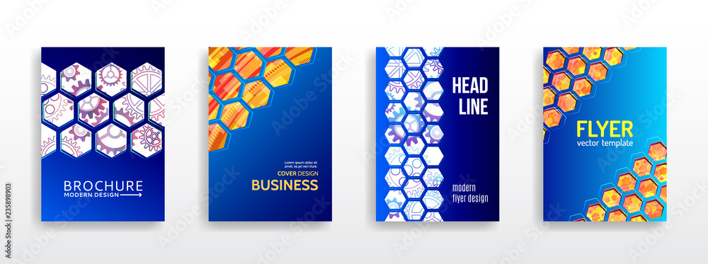 Abstract technology cover with hexagon elements. High tech brochure design concept. Futuristic business layout. Digital poster templates.
