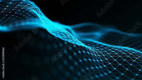Abstract futuristic wave background. Wave of particles. Wave with connecting dots and lines. 3d rendering.