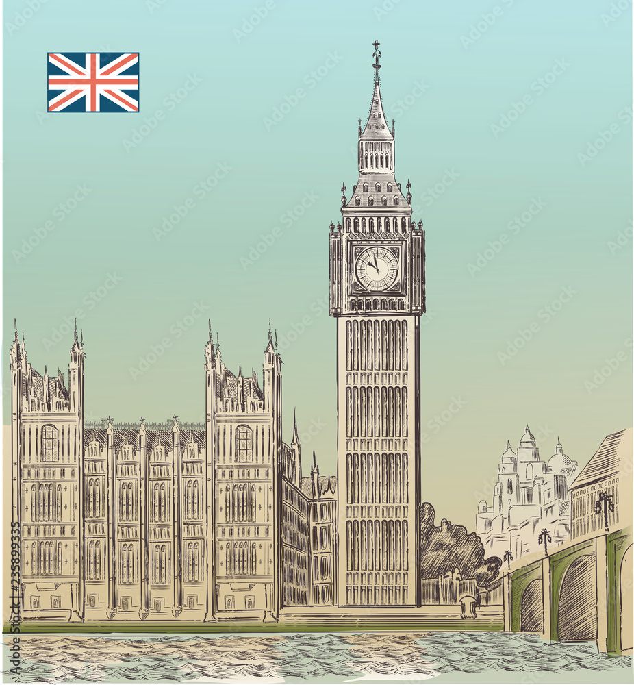 Obraz premium Retro vector Big Ben. Engraving